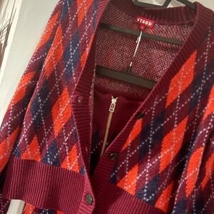 Staud Women's Burgundy & Orange Argyle Wool Blend Cardigan and pants size XS
